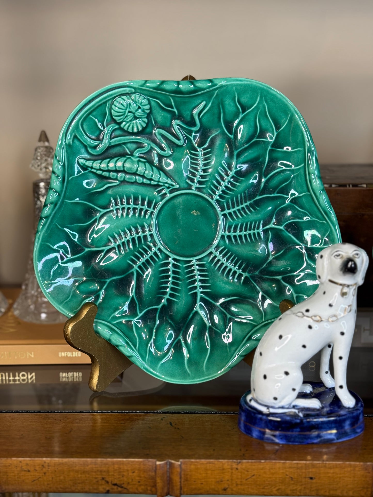 RESERVED: Antique French Majolica Cabbage Leaf Plates in Emerald Green | 8.5” Diameter