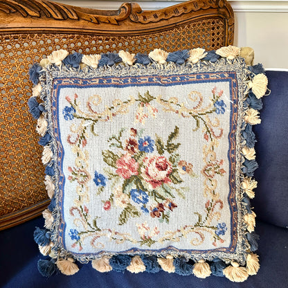 Beautiful blue botanical oversized custom needlepoint pillow 16 x 16