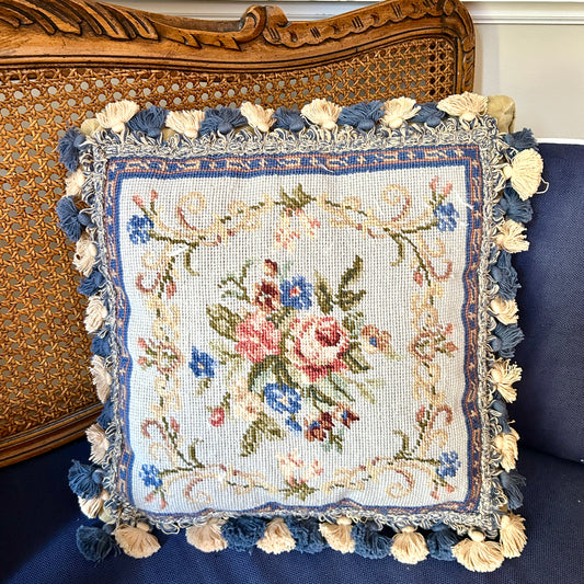 Beautiful blue botanical oversized custom needlepoint pillow 16 x 16