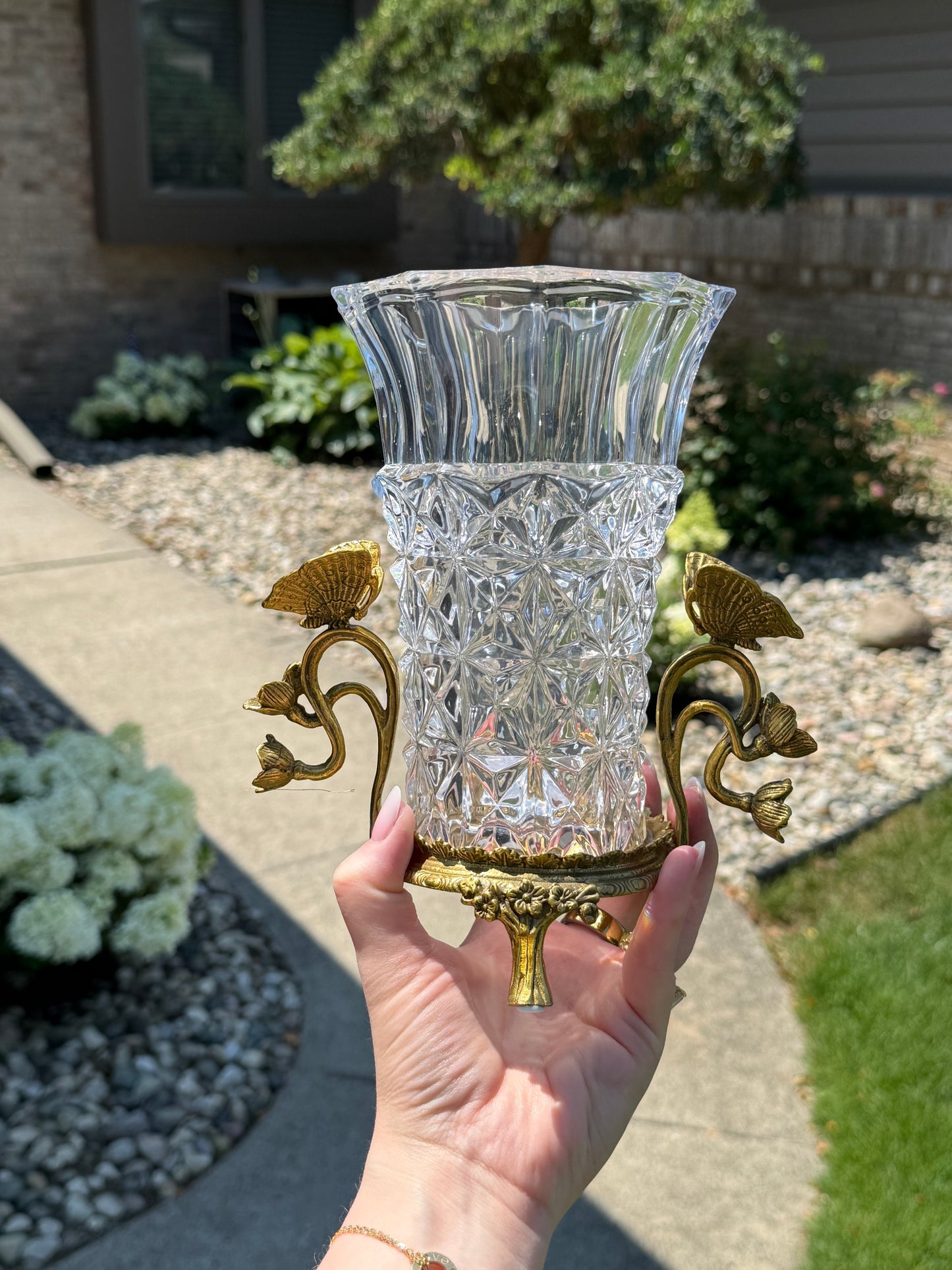 Danny's Fine Porcelain | Crystal Vase W/ Bronze Ormolu Butterfly Handles | Decorative Crystal Vase #14309