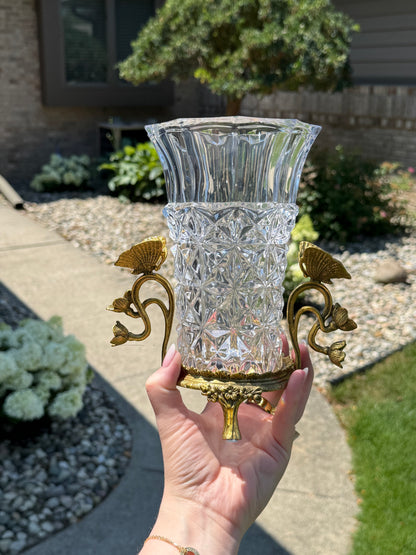Danny's Fine Porcelain | Crystal Vase W/ Bronze Ormolu Butterfly Handles | Decorative Crystal Vase #14309