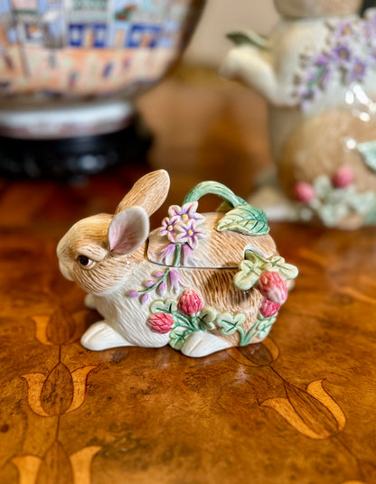 Adorable Fitz & Floyd “Botanical Bunny” Tea Service — Teapot, Lidded Sugar with Spoon & Creamer