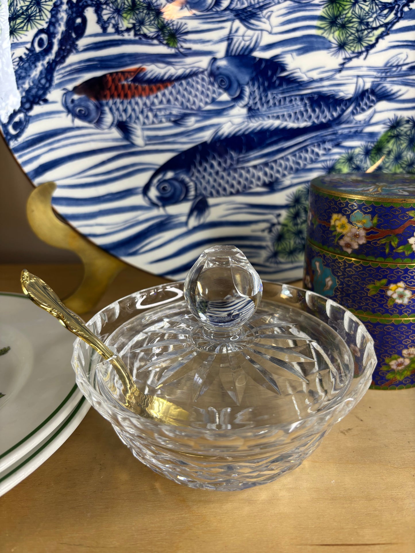 Sparkling Waterford crystal lidded condiment jar with FB Roger’s Gold Spoon!