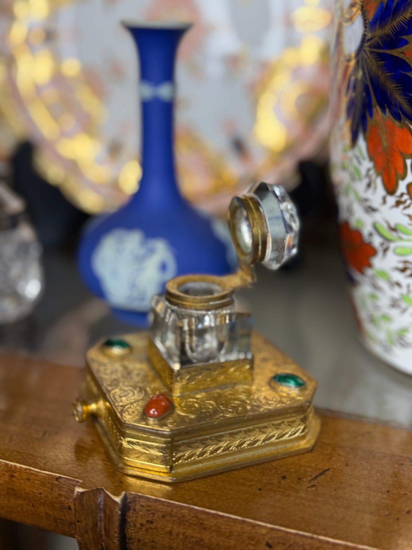 Antique Gilt Bronze & Crystal Inkwell | Jeweled Desk Inkstand | 3” Base