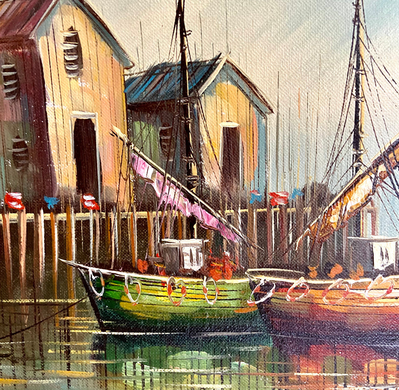Handsome mid century original oil painting signed by artist Black waterfront boats.