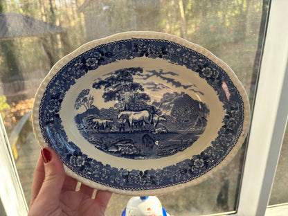 “English Scenic” Blue and white transferware oval bowl by Adams England featuring horses pasture scene!