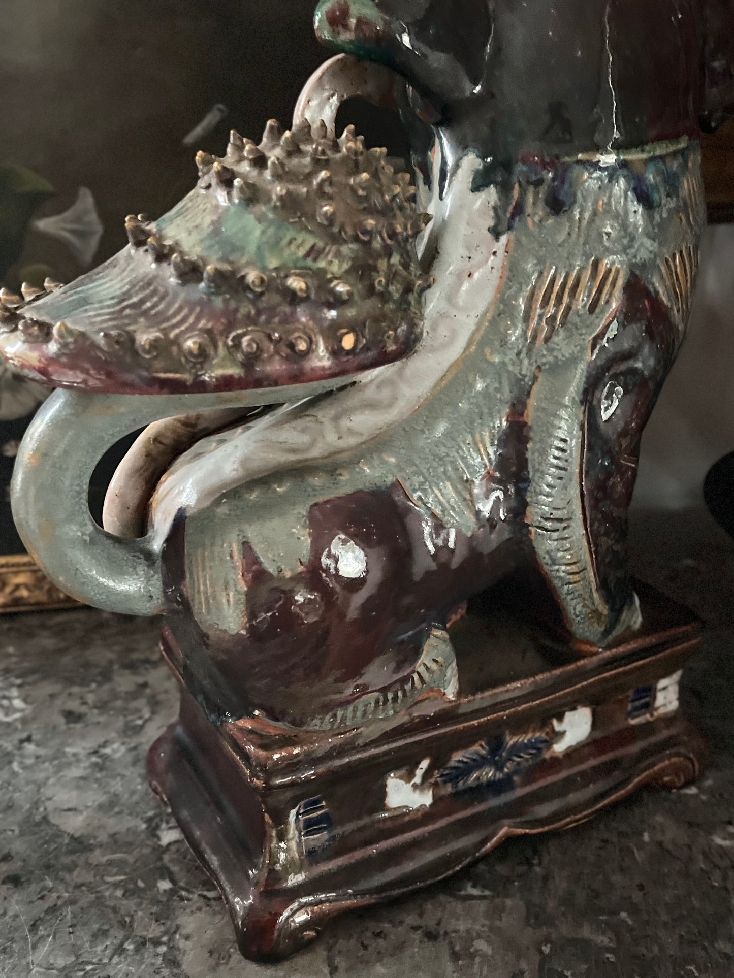Live 7/7 Substantial Antique Chinese ShiShi Guardian Lion | Glazed Pottery Temple Figure