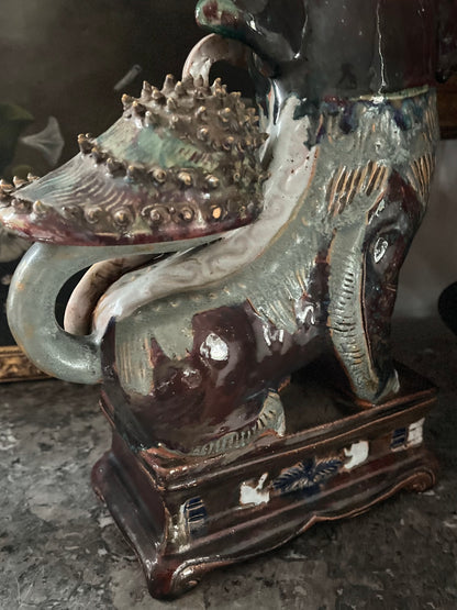 Live 7/7 Substantial Antique Chinese ShiShi Guardian Lion | Glazed Pottery Temple Figure