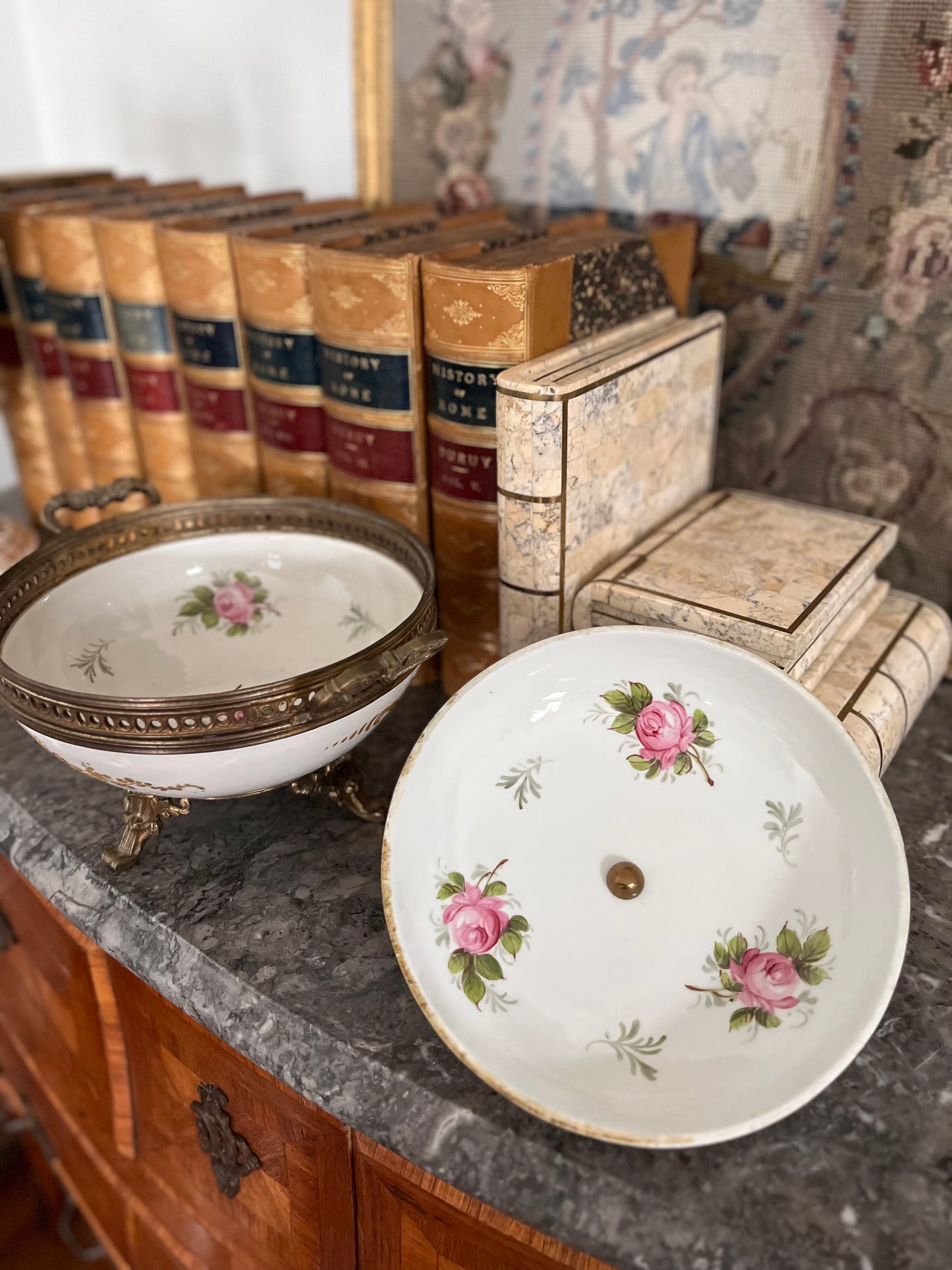 Antique French Porcelain Covered Bonbonnière with Hand-Painted Cherubs & Gilt Mounts - Signed
