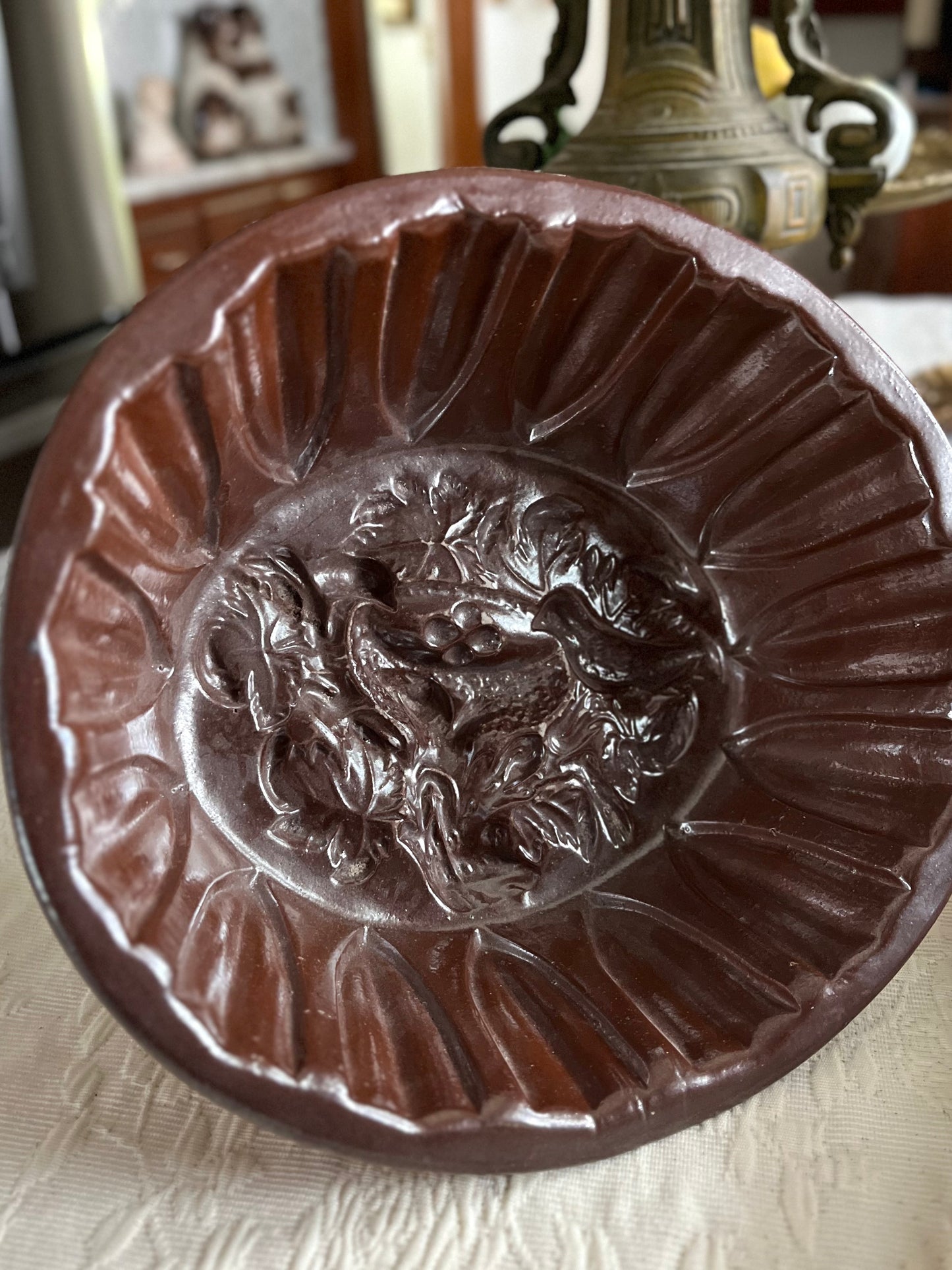 Live 06/22 Antique French Provincial Redware Cake Mold | Bird & Vine Relief | Earthenware