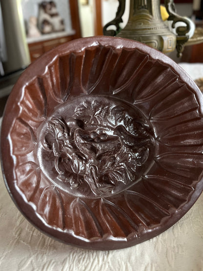 Live 06/22 Antique French Provincial Redware Cake Mold | Bird & Vine Relief | Earthenware
