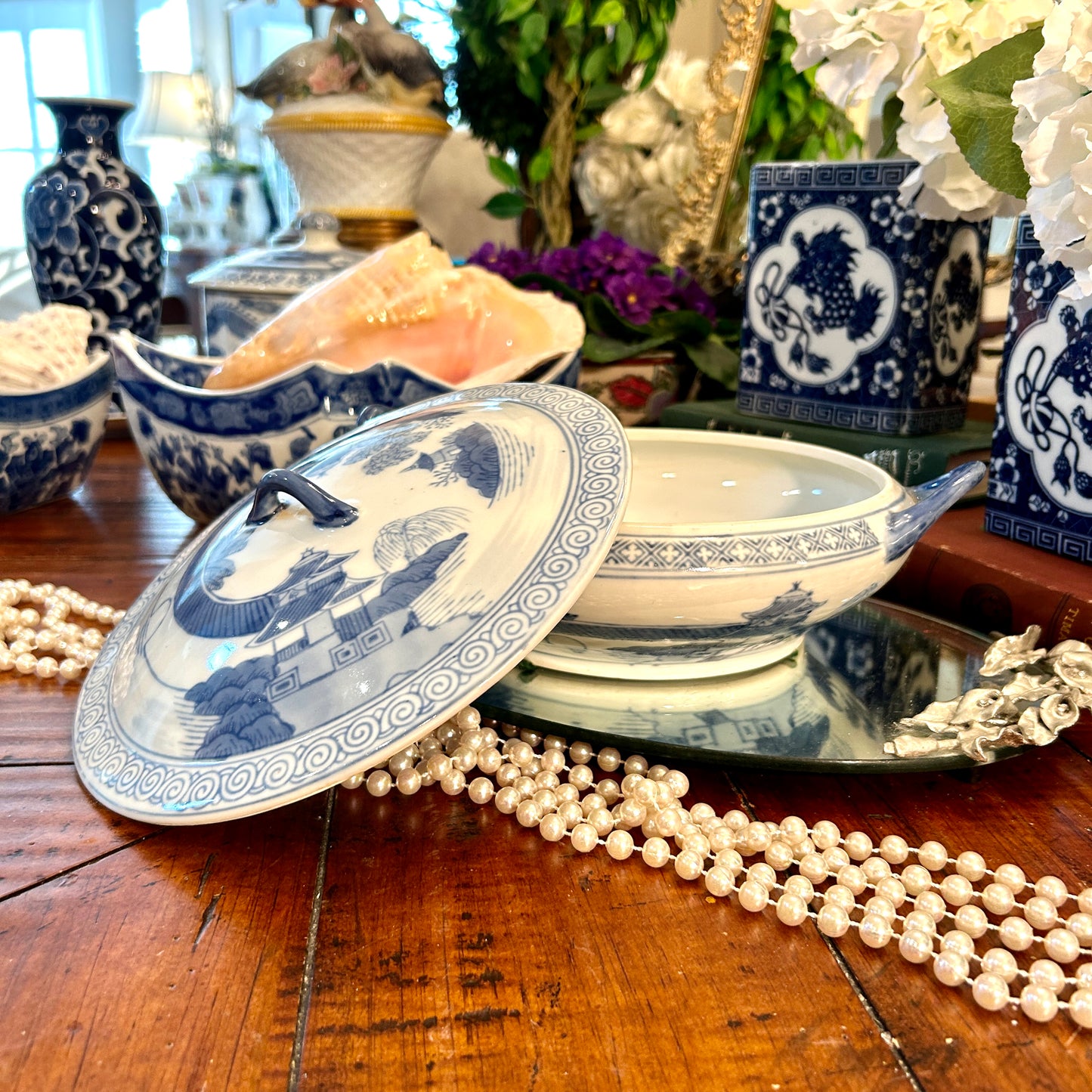 Vintage blue and white chinoiserie lidded dish