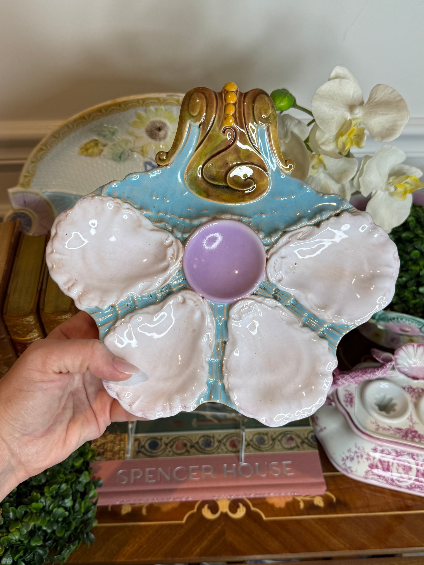 Antique French Majolica Oyster Plate Attributed to George Jones Boteler Style | 9” x 8.5”
