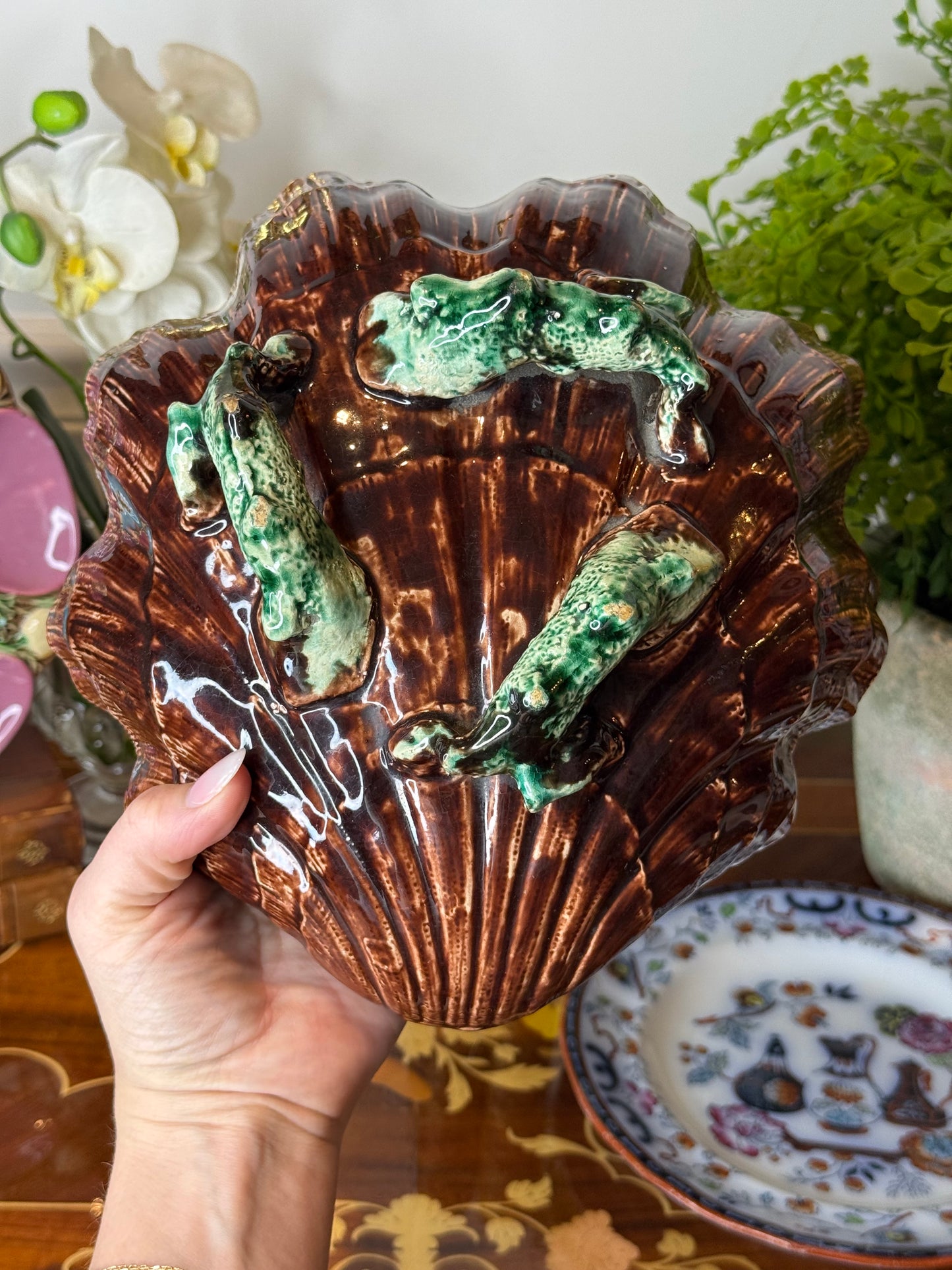 Antique French Majolica Oyster Shell Bowl | Pink Shell Form Centerpiece | 9” | Victorian Oyster Style