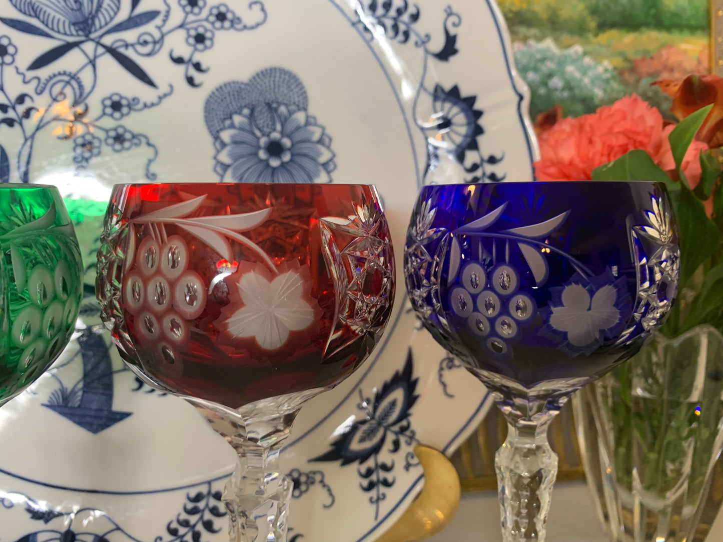 Stunning set of 4 colorful crystal tall wine glasses! Excellent condition!
