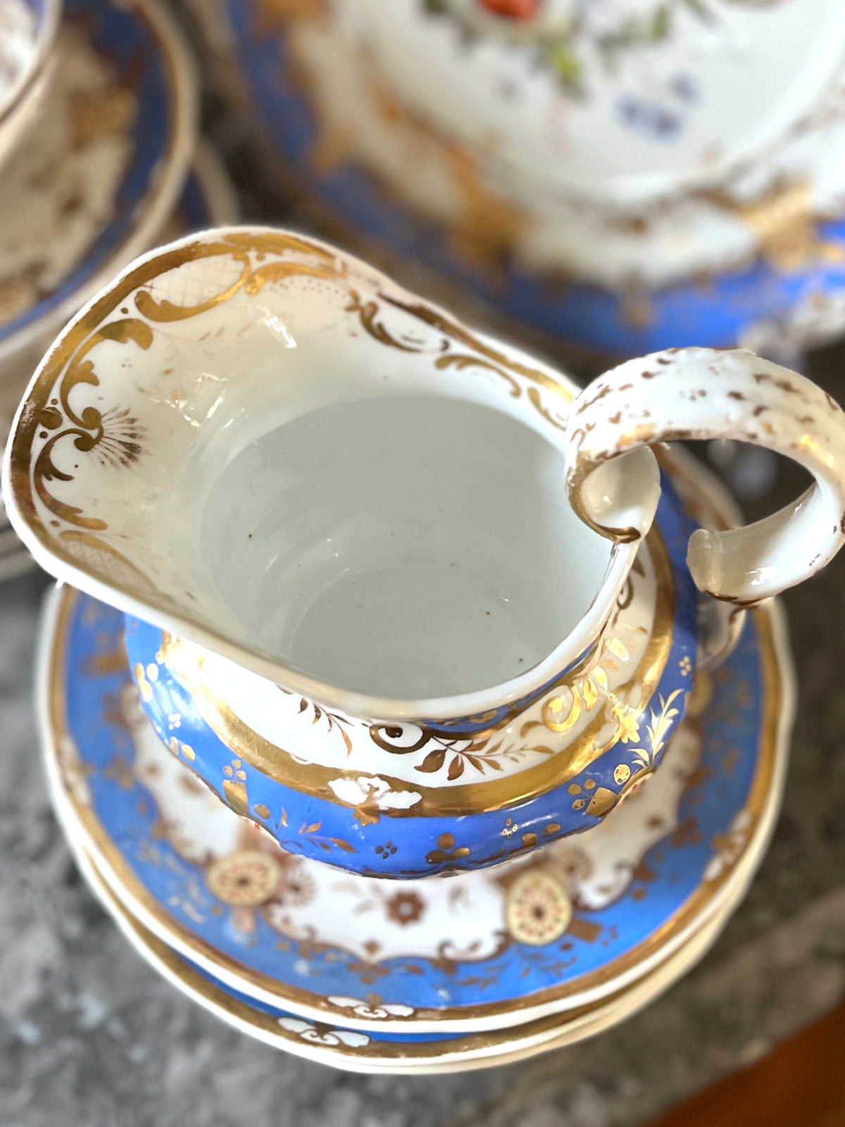 Stunning Antique English 21-Piece Porcelain Tea Service | French Blue, Hand-Painted Florals & Gilt - Attributed to Coalport