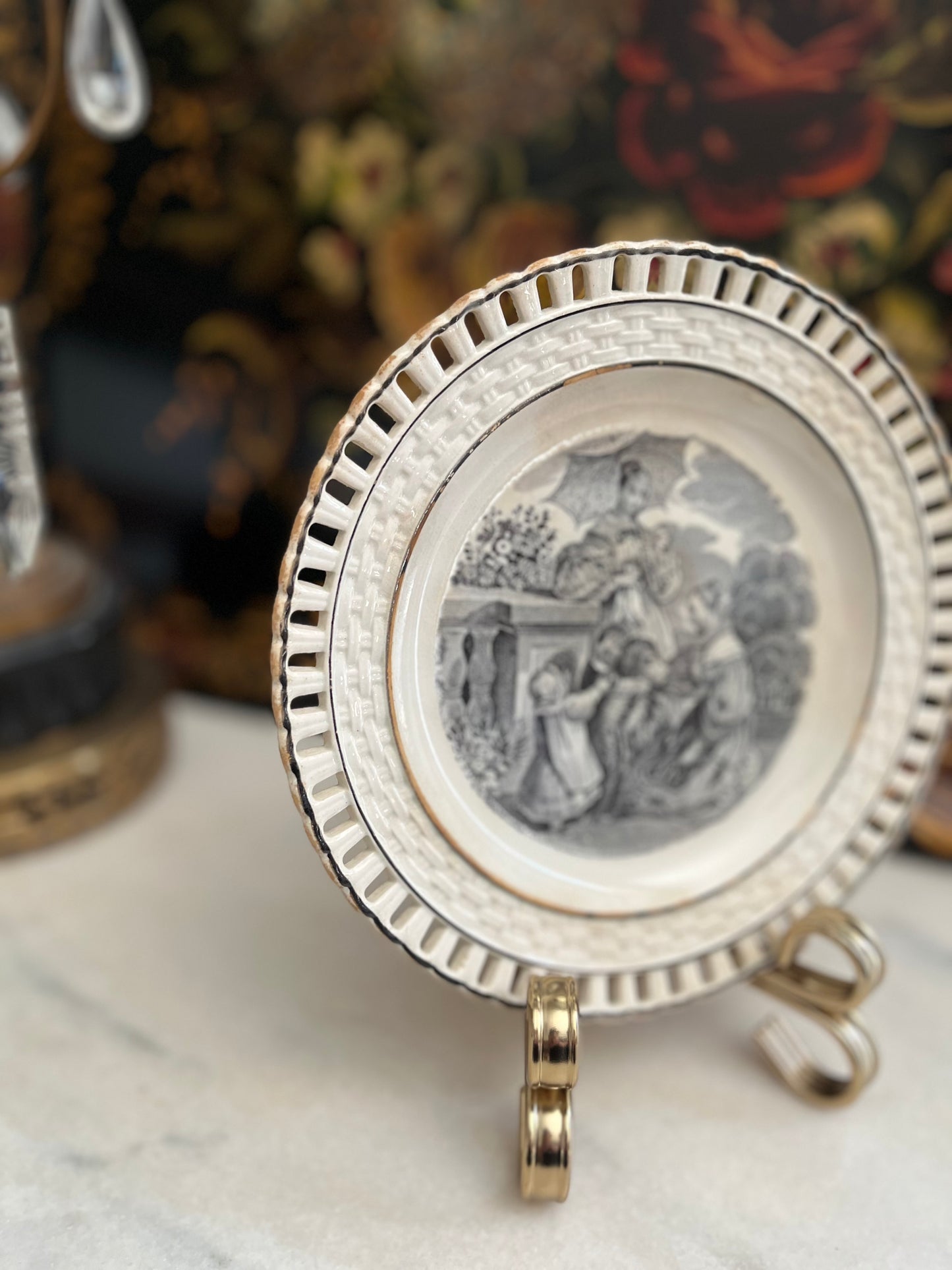 Early 19th Century Staffordshire Transferware Pierced Rim Plates – Romantic Pastoral Scenes – Set of Five, 8”
