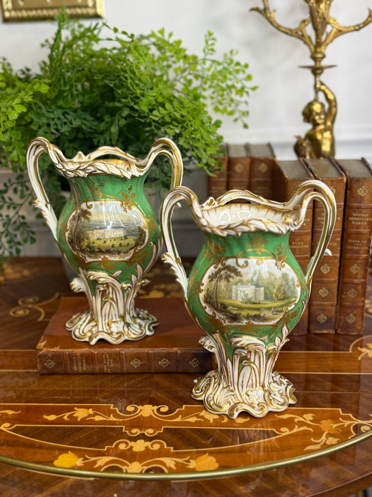 Rare Antique Pair of H.& R. Daniel Apple Green Scenic Vases | Attingham Park, Shropshire | English Porcelain | c. 1840 | 8.5"H x 6.5"W x 4" | Style DA4447