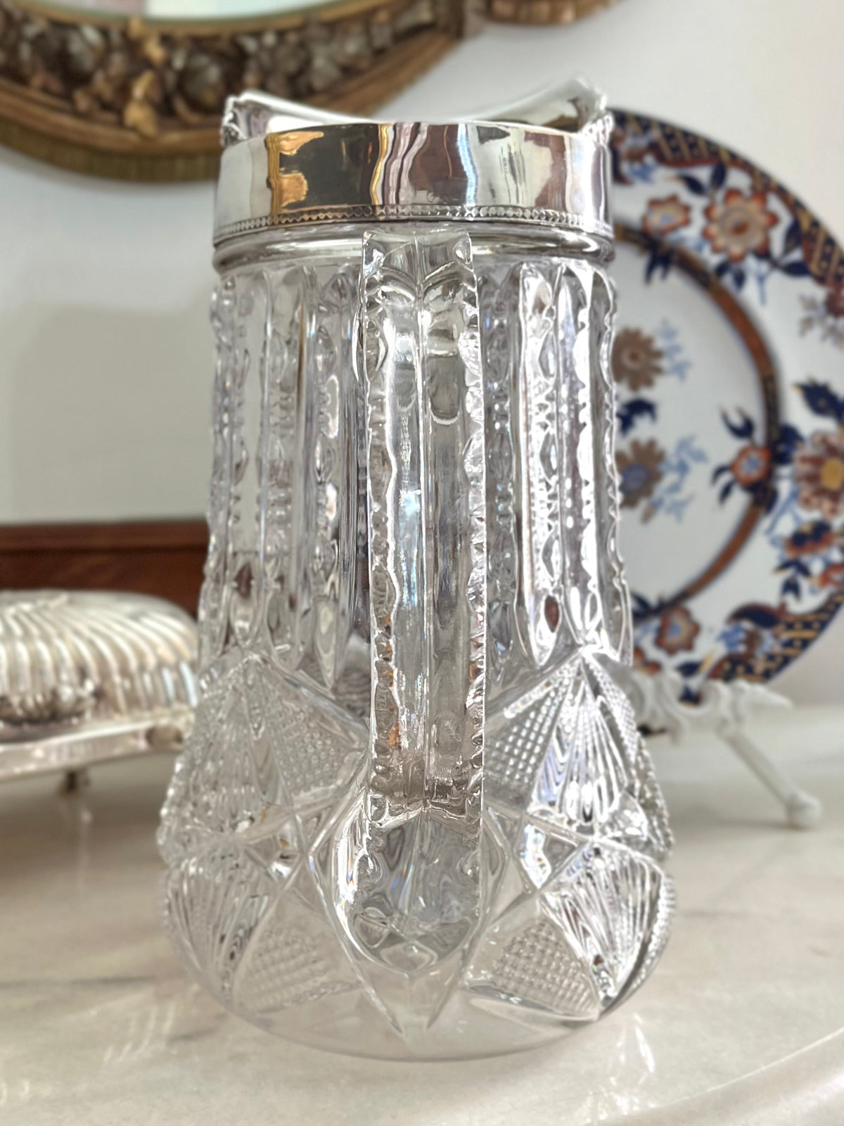 Live 09/20 Gorgeous Cut Victorian EAPG Pressed Glass Pitcher with Ornate Silverplate Mount l