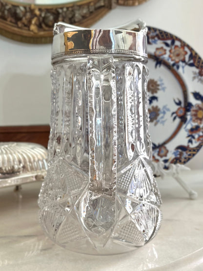 Live 09/20 Gorgeous Cut Victorian EAPG Pressed Glass Pitcher with Ornate Silverplate Mount l