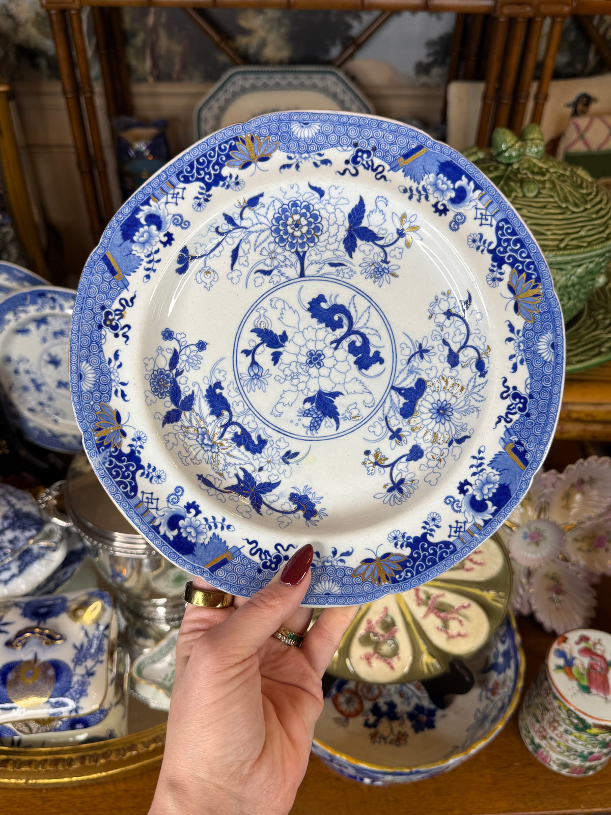 Antique Spode “Stone China” Blue & White Gilt Chinoiserie Dinner Plates – Set of 5 | Regency c.1815–1825 | 9.5” D