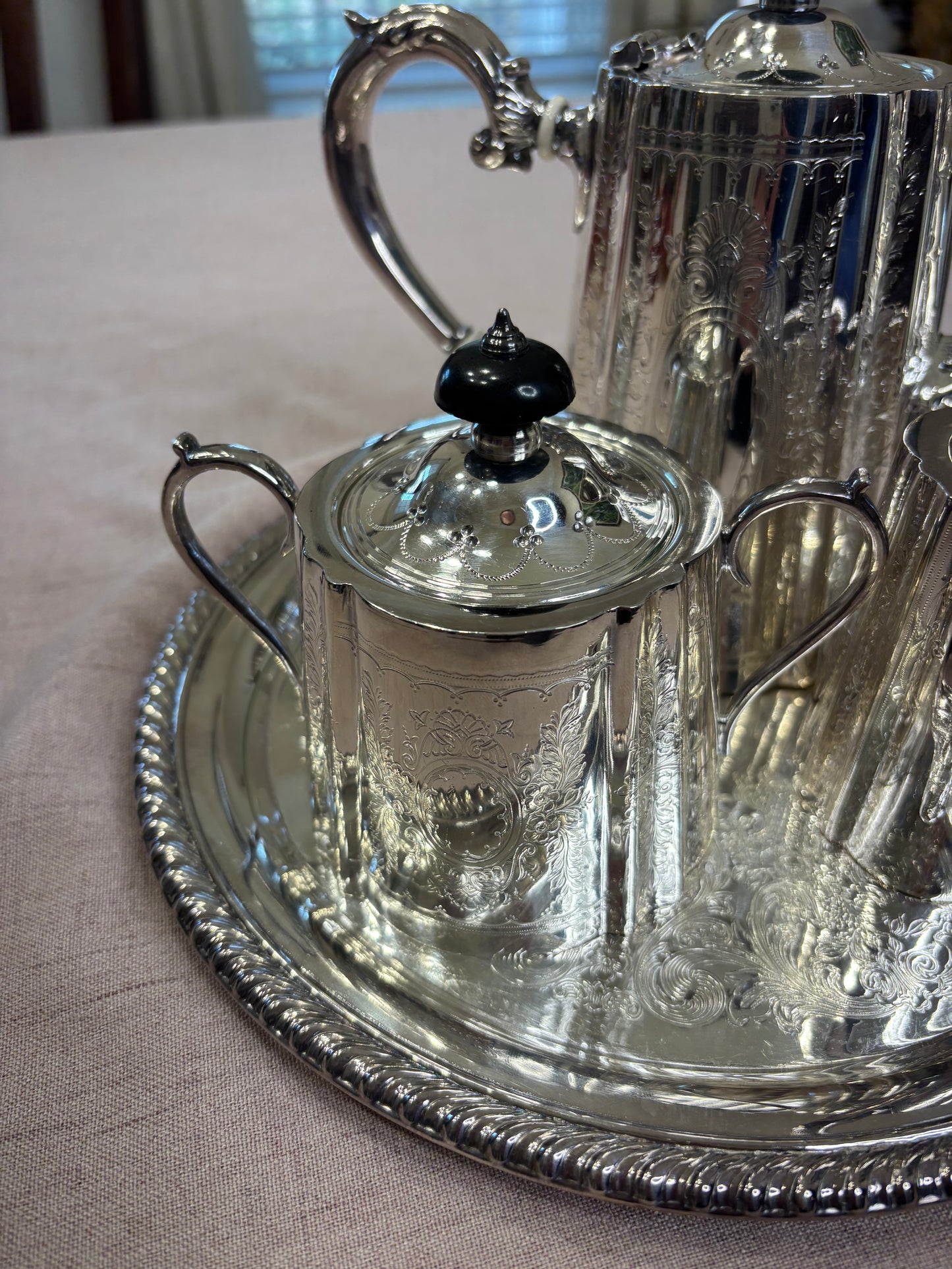 Stunning Barker Ellis three piece tea set! Includes pitcher, creamer, and sugar!