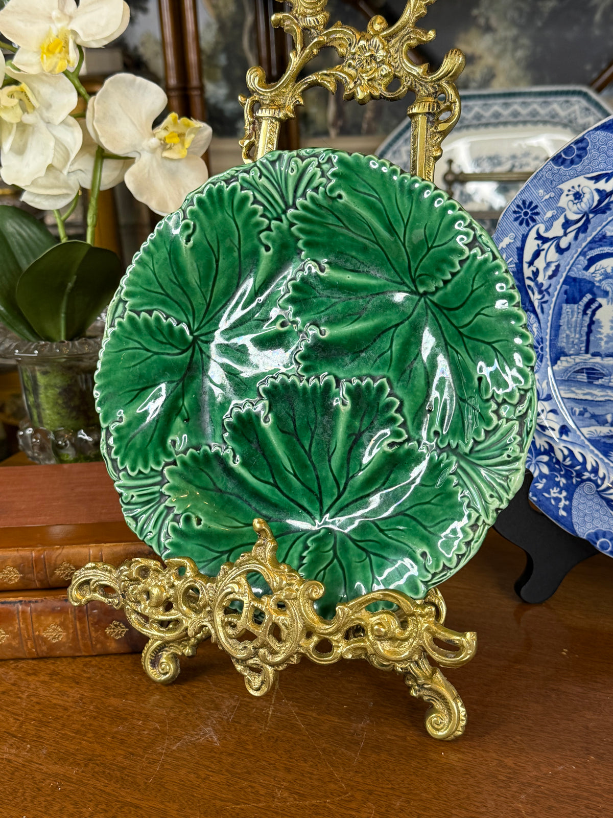 Antique Copeland Green Majolica Leaf Plate, Molded Botanical Design, English, c.1870–1890, 8.5” D | #DA4590