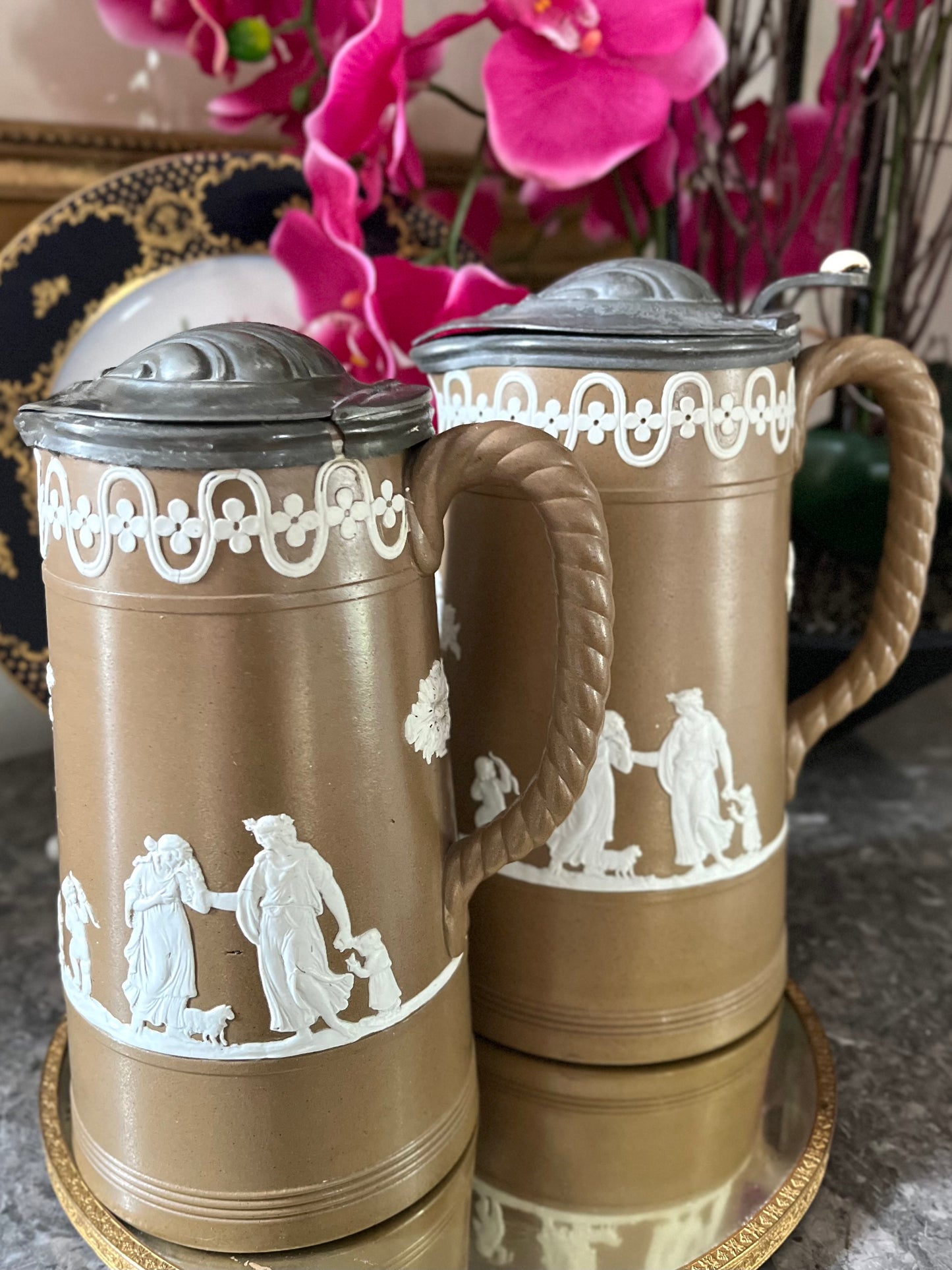 Live 06/22 Pair of Antique Dudson Brothers Brown Jasperware Jugs | Late 19th-Century Staffordshire | Neoclassical Relief with Pewter Lids