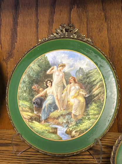 WCCR Charitable Item #159 | Antique Limoges Hand-Painted Round Porcelain Plaque with Ormolu Mount | Three Bathing Maidens | 8" x 9"