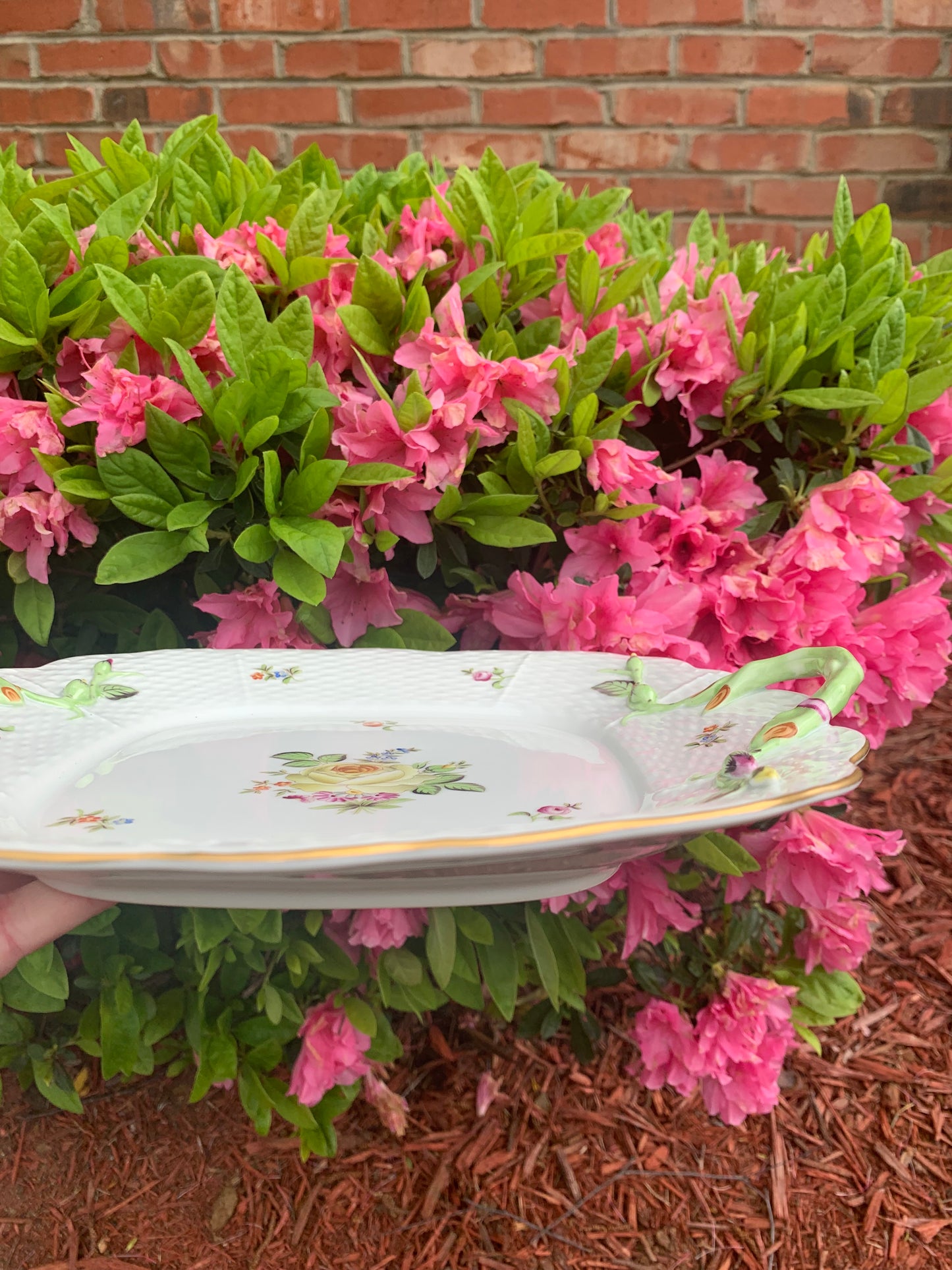 Absolutely stunning Herend platter with raised ornate handles with bud flowers! - Excellent condition!