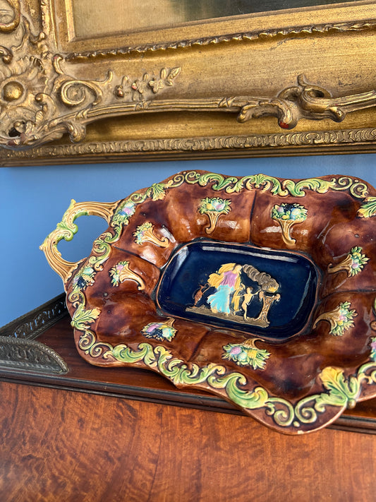 Antique Wilhelm Schiller & Son German Majolica Figural Handled Tray, c.1880–1905