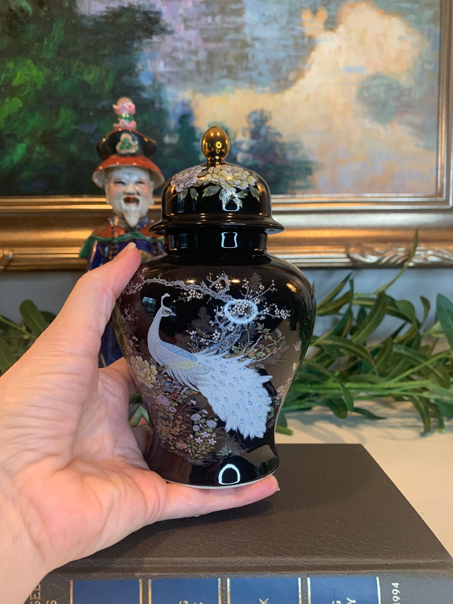 Striking Shibata Jar with White Peacock on a Black Background