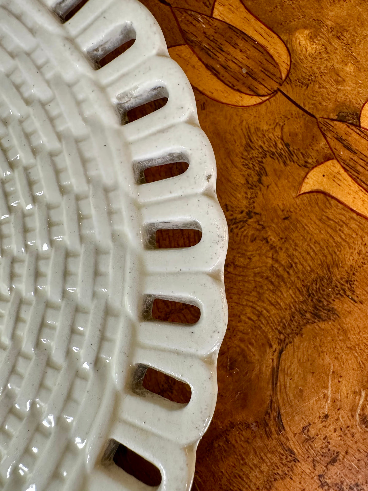Antique English Creamware Reticulated Basket-Weave Plate, Early 19th Century