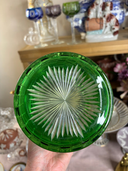 Stunning antique cut green biscuit jar with holding tray!