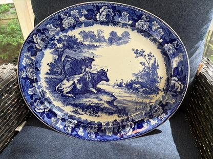 Stunning antique 18 3/4”Wedgwood blue and white platter with pasture scene and cows!