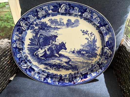 RESERVED - YARBO - Stunning antique 18 3/4”Wedgwood blue and white platter with pasture scene and cows!