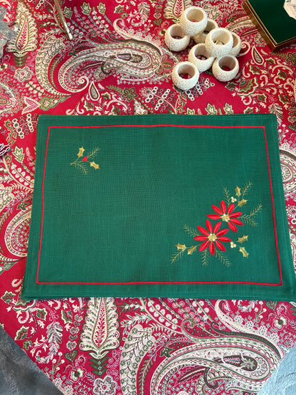 Set (4) Green Placemats with Embroidered Poinsettias