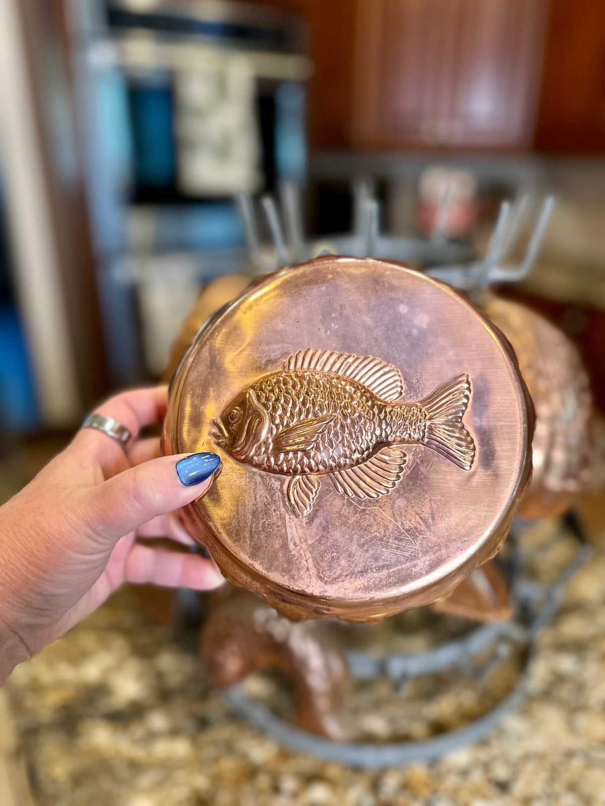 Vintage Round Copper Fish Mold, 7”