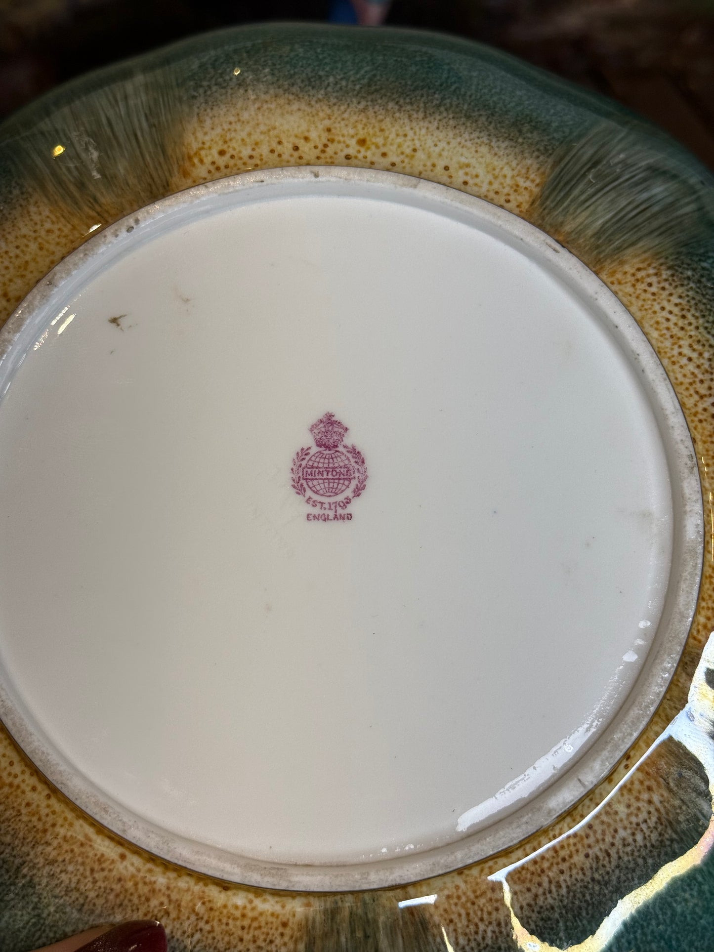 Antique Minton Hand-Painted Cabinet Plate with Fruit Center & Iridescent Green Border | 9”