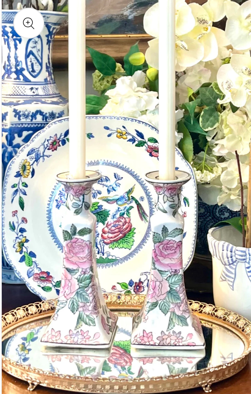 Gorgeous Pair of vintage rose porcelain chinoiserie floral botanical candlestick holders.