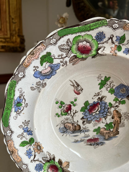 Live 09/29 Antique English Staffordshire Chinoiserie Plate, Underglaze Apple Green, Bird & Peony, Crown Mark Pattern 258, c. 1830–1850