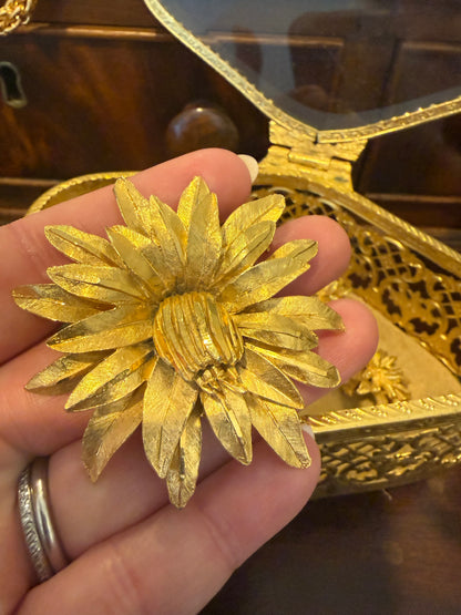 Vintage Signed BSK Brushed Gold Tone Flower Brooch & Clip Earring Set