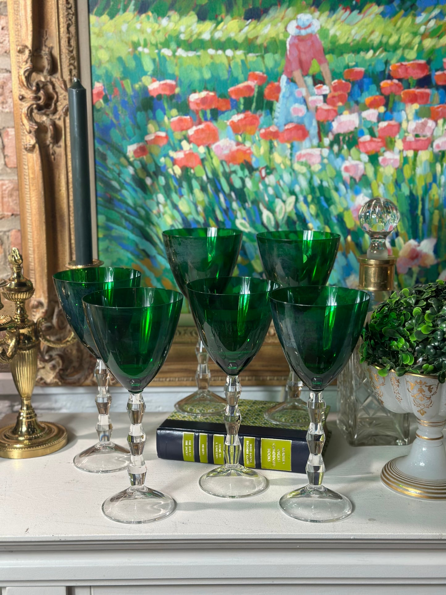 Vintage Lenox Set (6) Carrot Emerald Green Tall Wine Goblets, 9” Tall - Pristine!