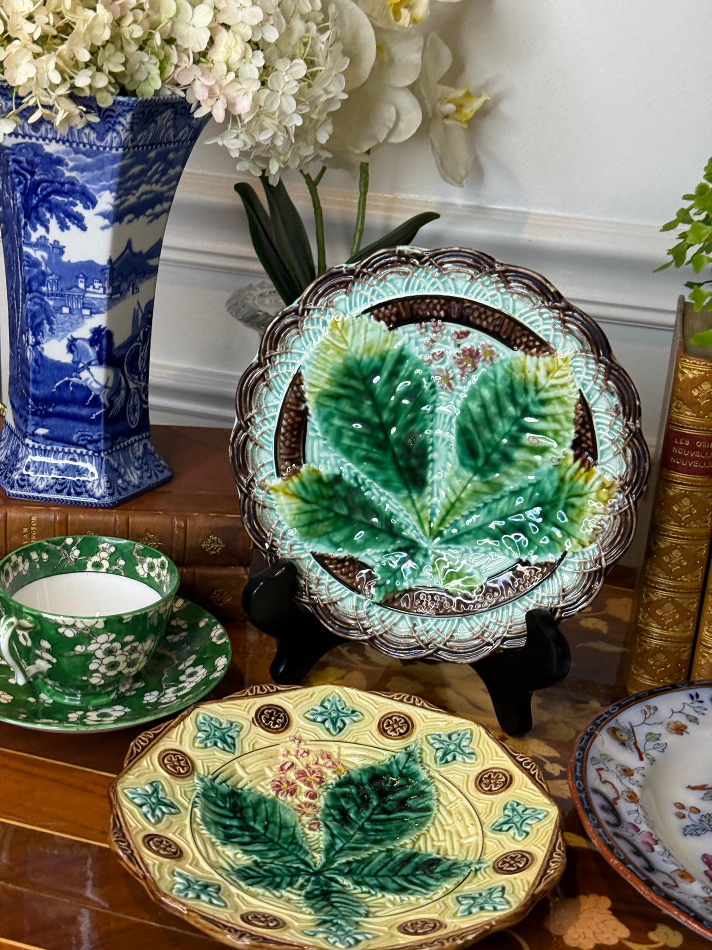 Pair of Antique English Majolica Botanical Plates | Grape Vine & Horse Chestnut Leaf | Victorian Cabinet Plates | 7¼” & 7¾”