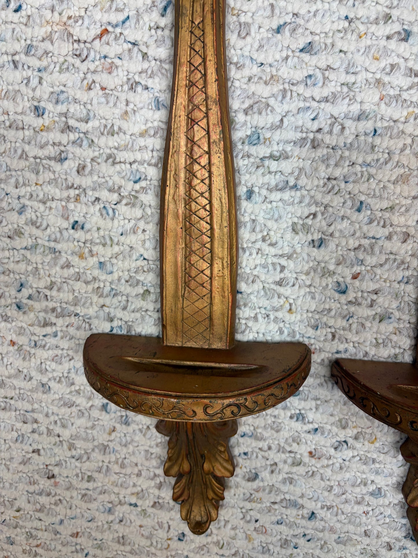 Lovely carved wood wall shelves with plate inserts pair!