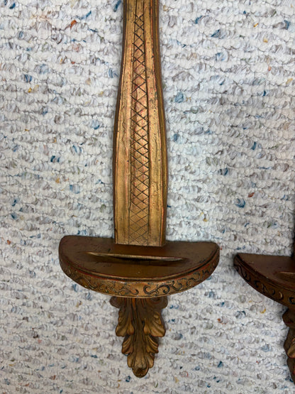 Lovely carved wood wall shelves with plate inserts pair!