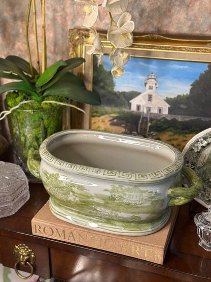 Danny's Fine Porcelain: 19Lx8.5Wx7H- Oval Centerpiece Basin - Green Scene