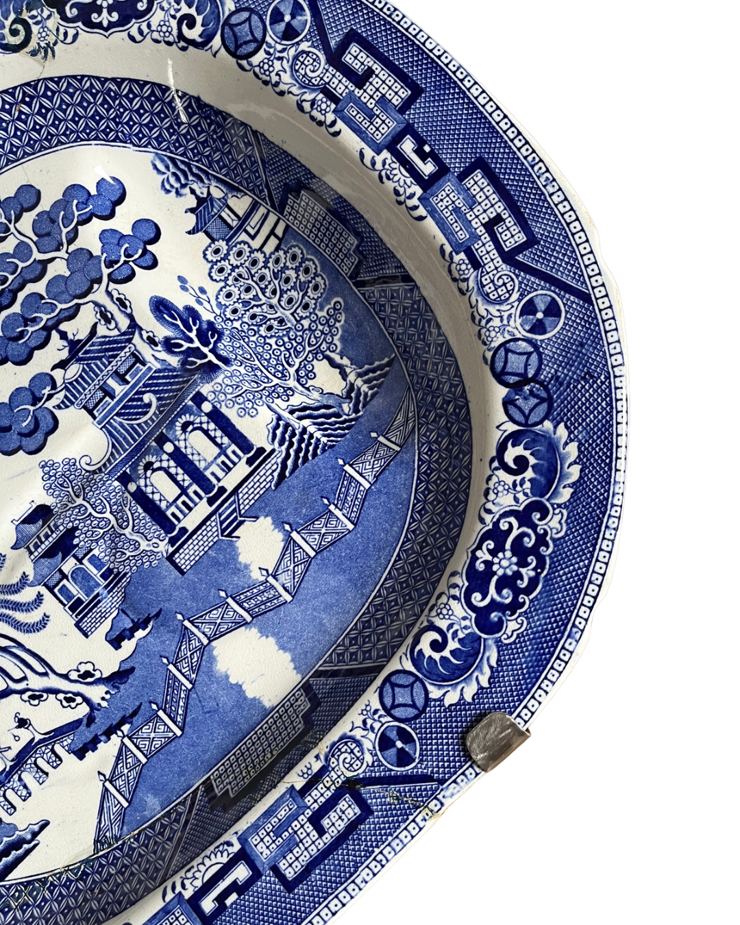 A True Collectors Piece Large Antique Ridgways Blue Willow Well & Tree Platter (1891–1894) | England | Historic Staple Repair | 21¼”