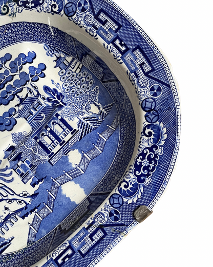 A True Collectors Piece Large Antique Ridgways Blue Willow Well & Tree Platter (1891–1894) | England | Historic Staple Repair | 21¼”
