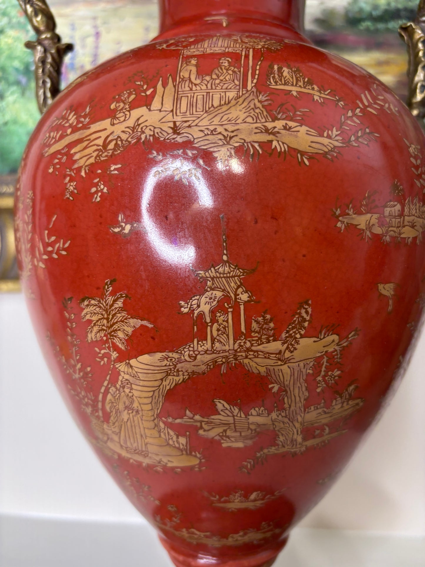 Gorgeous red and gold 18” vase with bronze ormolu handles and base!